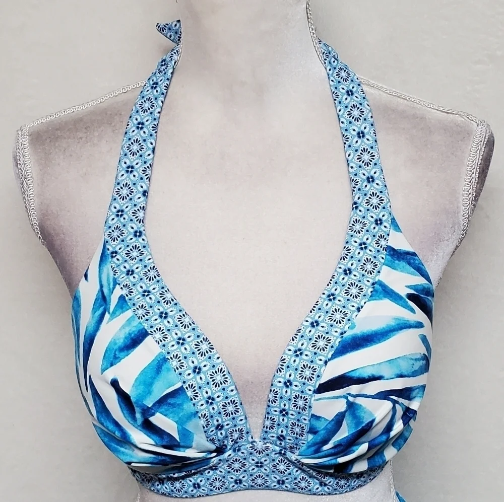 Sweet Escape Blue Leaf Floral Paisley Padded Halter Top Roll Top Bottom Bikini 8